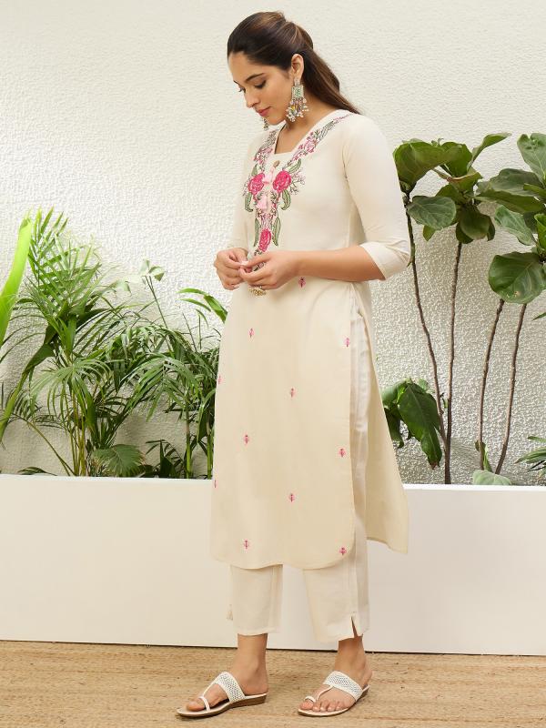 VP 9868 O Women’s Khadi Cotton Kurta Pant Set with Floral Thread Embroidery | 2 Pcs Ethnic Set